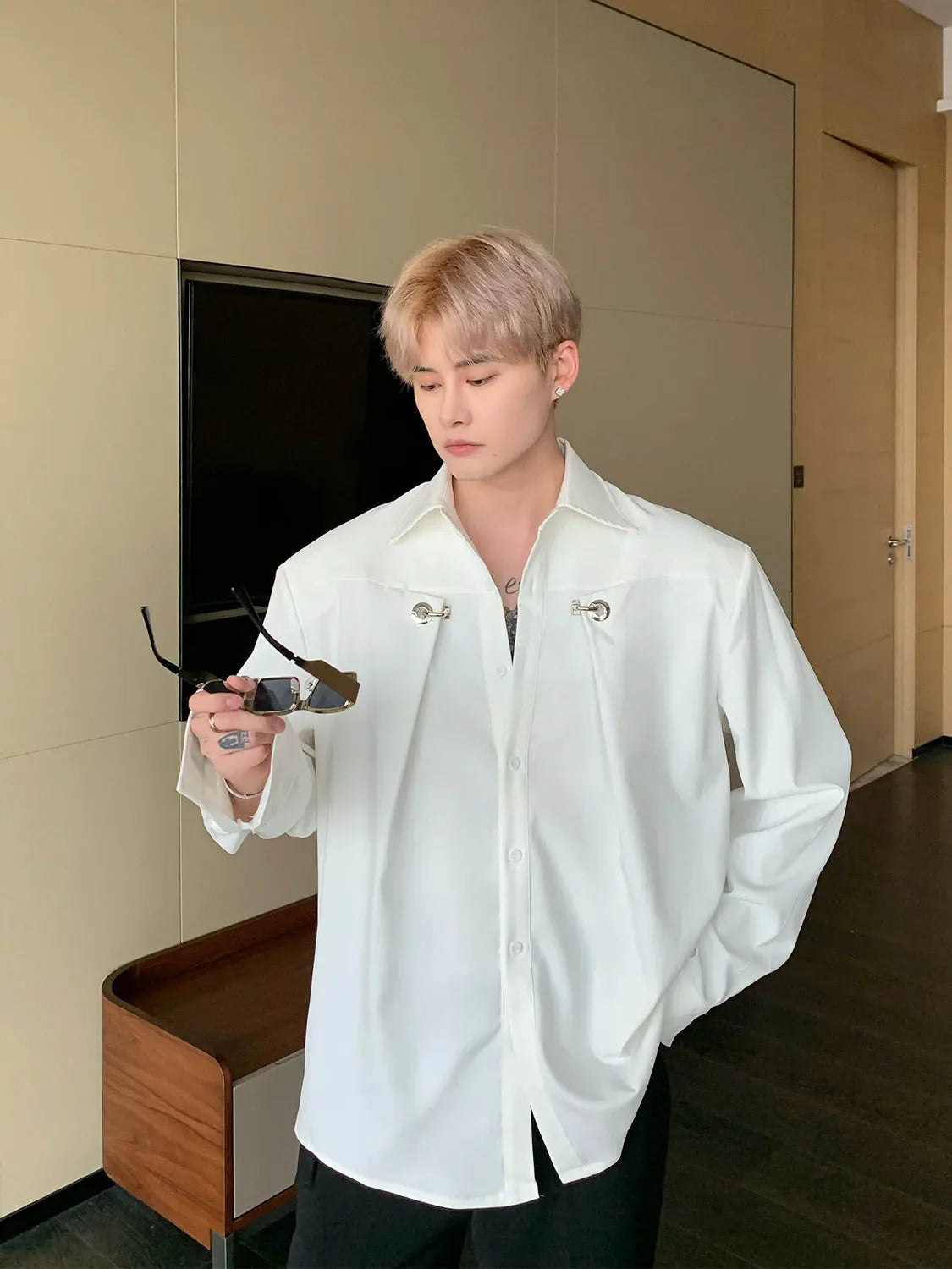 saferido Spring Autumn Fashion Korean Spring Long Sleeve Men Shirt Loose Casual Black White Solid Color Turn-down Collar Simple