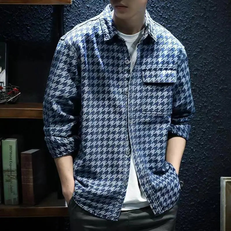 saferido Spring Autumn New Vintage Printing Turn-down Collar Long Sleeve Shirt Man Cotton Loose All-match Single Breasted Cardigan
