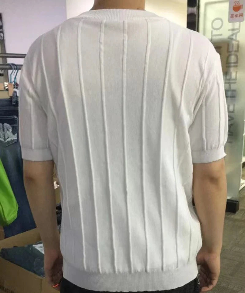Summer Men Knit Ice silk T shirts High Quality Solid Color Stripe Short sleeve O-neck Tee Tops Mens Thin Slim Fit T-Shirts