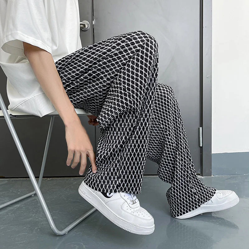 saferido Summer Ice Silk Pants Men Oversized Retro Plaid Pants Men Japanese Streetwear Loose Wide Leg Pants Mens Pleated Trousers M-5XL
