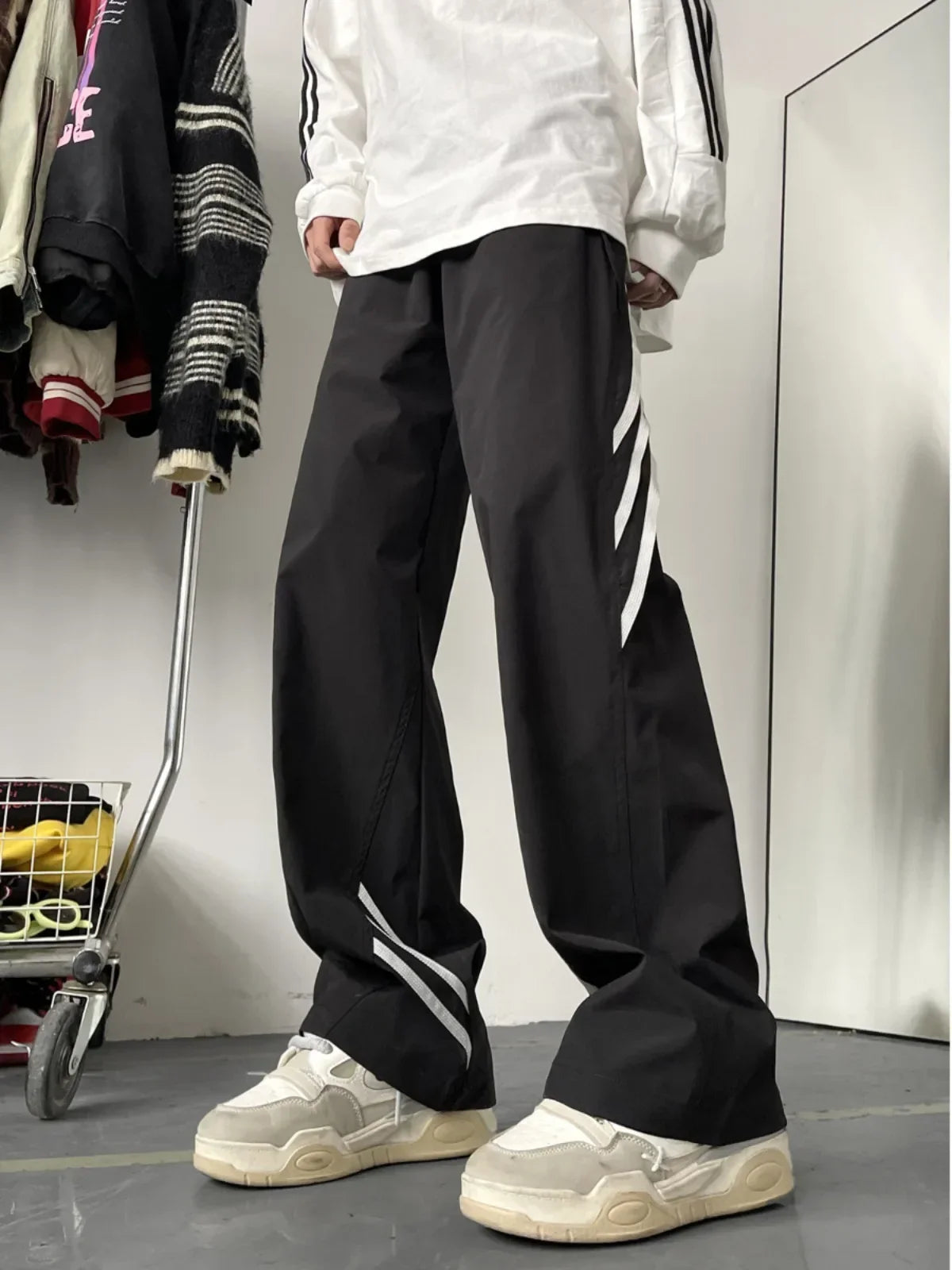 saferido American Style Stripe Zippered Trousers For Men Hip Hop Waterproof Outdoor Straight Leg Sweatpants Casual Loose Fit Pants