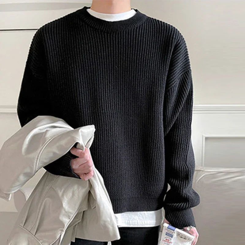 Autumn Men's Luxury Knitted Solid Color Pullover Sweater Long Sleeve Casual Solid Color Loose Stylish Texture Leisure Knitwear