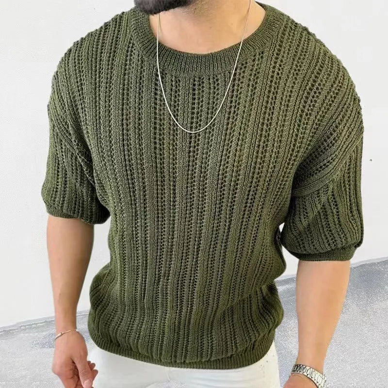 Spring Knitting Custom Tees Sweater For Men Slim Fit O-Neck Solid Hollow Mesh Man Pullover Autumn Long Sleeve Stretch Tops