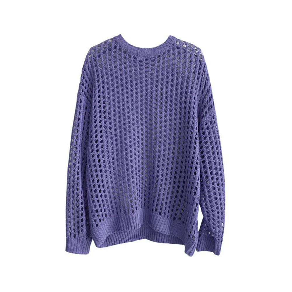 Mens Y2k Hollow Out Outfits See-Through Knit Shirts New Summer Fashion All-Match Casual Geometric Vintage Loose Smock Tops