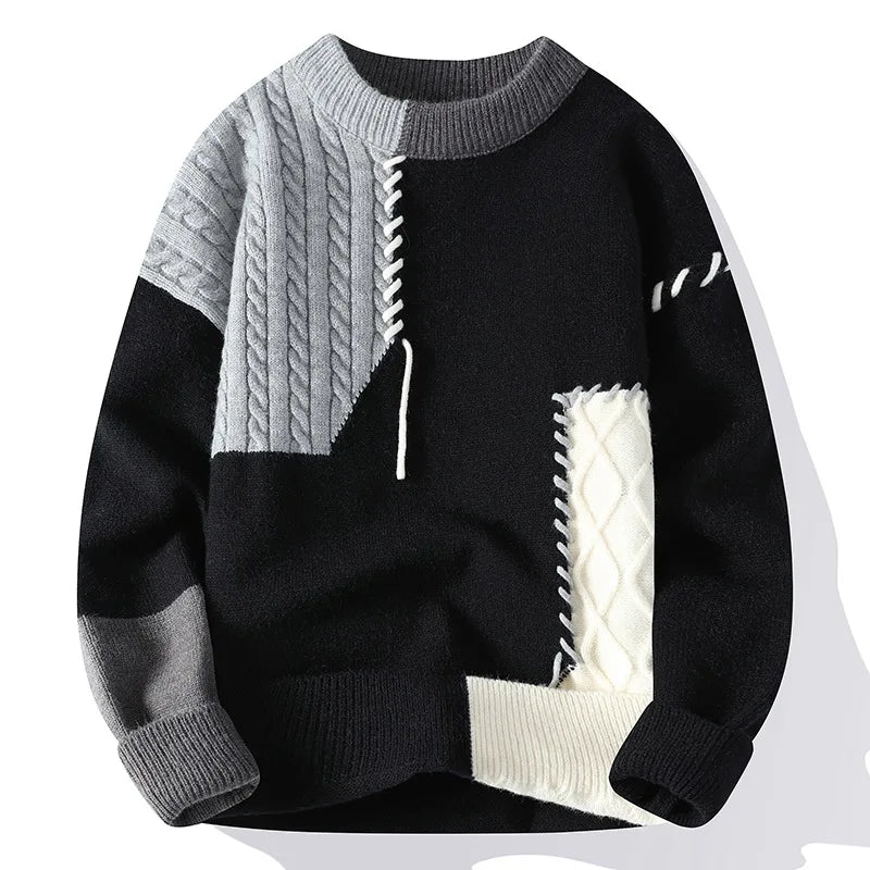 Man Panelled O-neck Jumper Autumn Winter Korean Simple Casual Streetwear Warm Knitted Ribbed Sweater Male Fashion Pullover