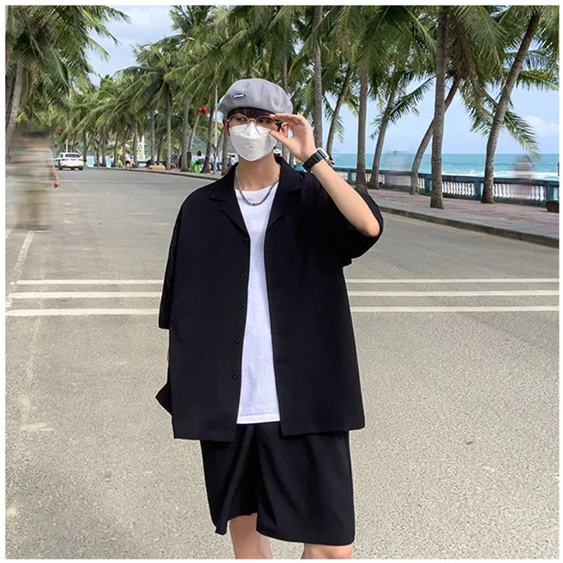 Summer Two-Piece Men's Sets Shirt and Shorts Casual Outfits Oversized Short Suit Plain Clothes Clean Fit Black White Green