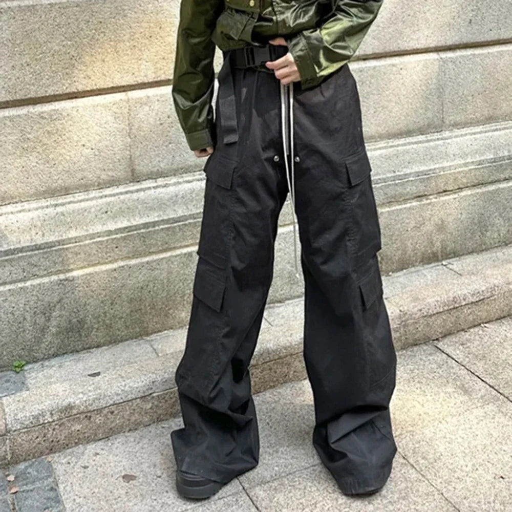 saferido Leg Drawstring Black Cargo Pants Unisex Straight Baggy Casual Overalls Men's Streetwear Loose Oversized Trousers