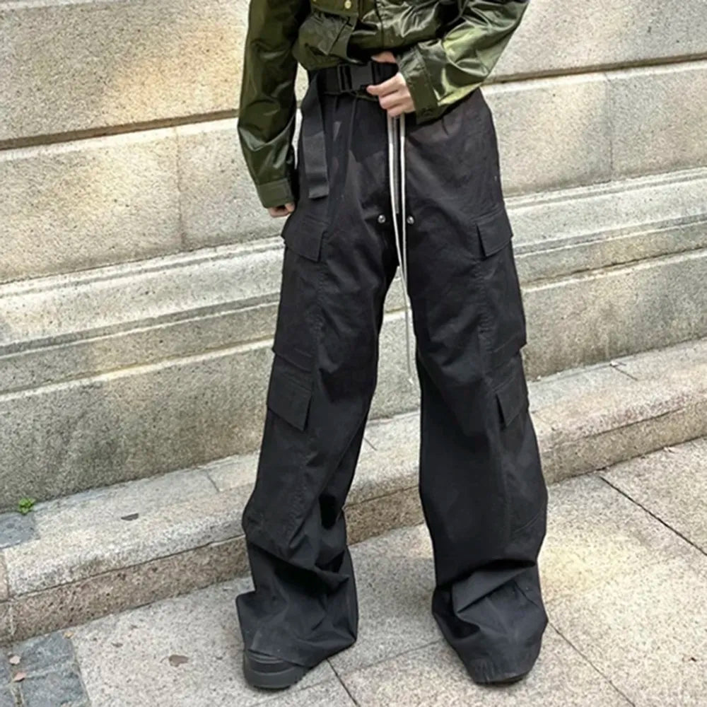 saferido Wide Leg Drawstring Black Cargo Pants Unisex Straight Baggy Casual Overalls Men's Streetwear Loose Oversized Trousers