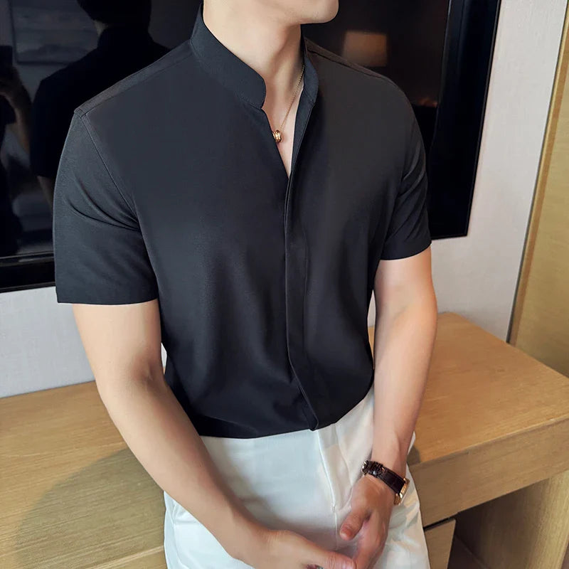 Chinese Style Standing Collar Short Sleeved Men Shirt Summer Solid Casual Elastic Slim Fit Shirt Fashionable Men Clothing