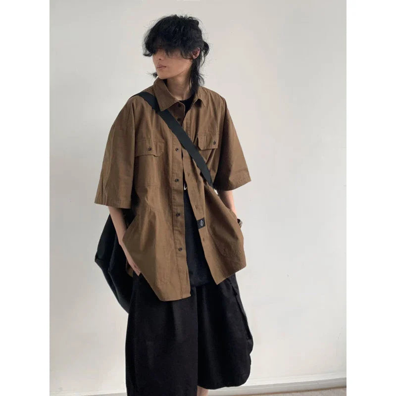 Japanese Summer Men Set Fashion Hooded Short Sleeved Shirt+Quick Drying Pockets Tooling Shorts 2-pcs Set Y2k Harajuku Trend Suit