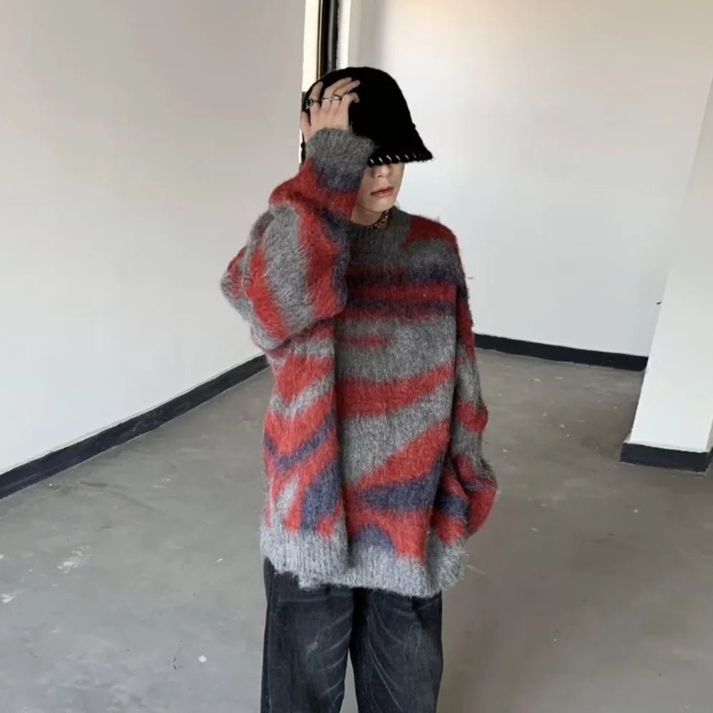 saferido Autumn New Harajuku Vintage Sweater Pullover Men Loose Hip Hop Sweater Knitwear Jumper Casual Color Supple Jumper Men