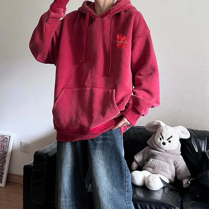saferido Men's Multi-color Sweatshirt American Retro Washed and Old Hoodie Autumn and Winter Couple's Model Loose Top Sleeve Tops
