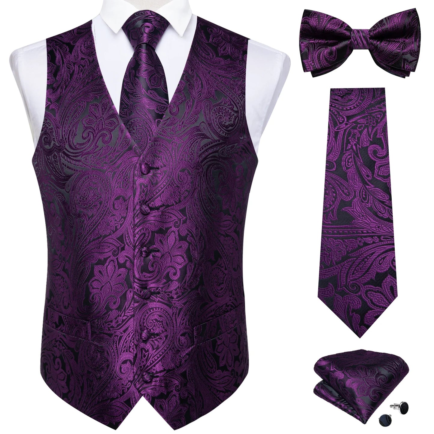 Men Black Paisley Vest Necktie Bowtie Pocket Square Cufflinks Dress Set Classic 5 PCS Business Waistcoat for Man