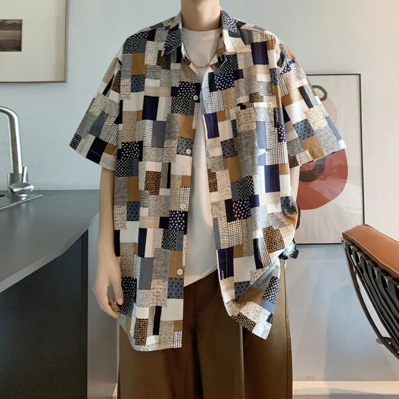 saferido Korean Mens Vintage Short Sleeve Dress Shirt Trend Couple Hawaiian Loose Print Blouses Shirts 2024 Summer Designer Men Clothing