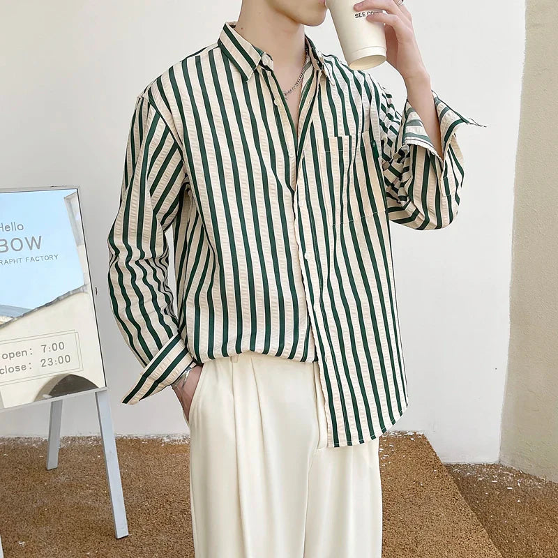 saferido Men's Korean Style Simple Loose Striped Printing Long Sleeve Shirt Fashion Trend High Quality Casual 3 Color Shirts M-2XL