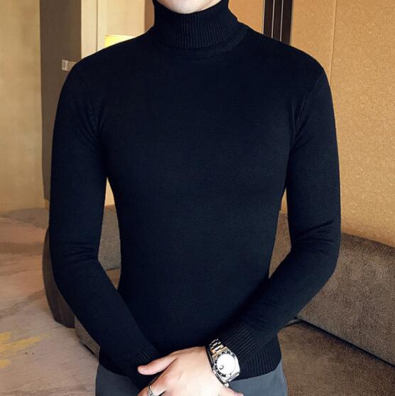 Korean Slim Solid Color Turtleneck Sweater Mens Winter Long Sleeve Warm Knit Sweater Classic Solid Casual Bottoming Shirt