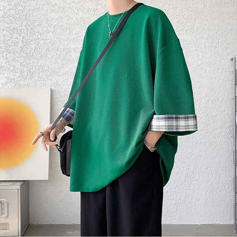saferido Spring Summer Men's T-shirts Women Oversized 2XL Korean Style Loose Plaid T-shirt Casual Seven sleeves T-Shirt Male White