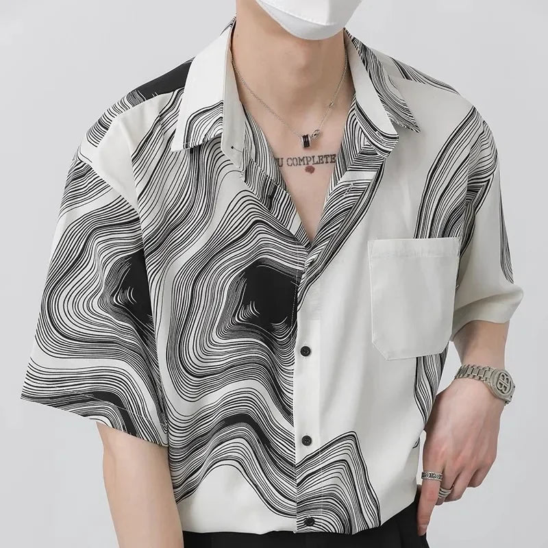 New Summer Design Irregular Silky Drape No-iron Lapel Shirt for Men Korean Fashion Texture Pattern Short Sleeve Men Shirts