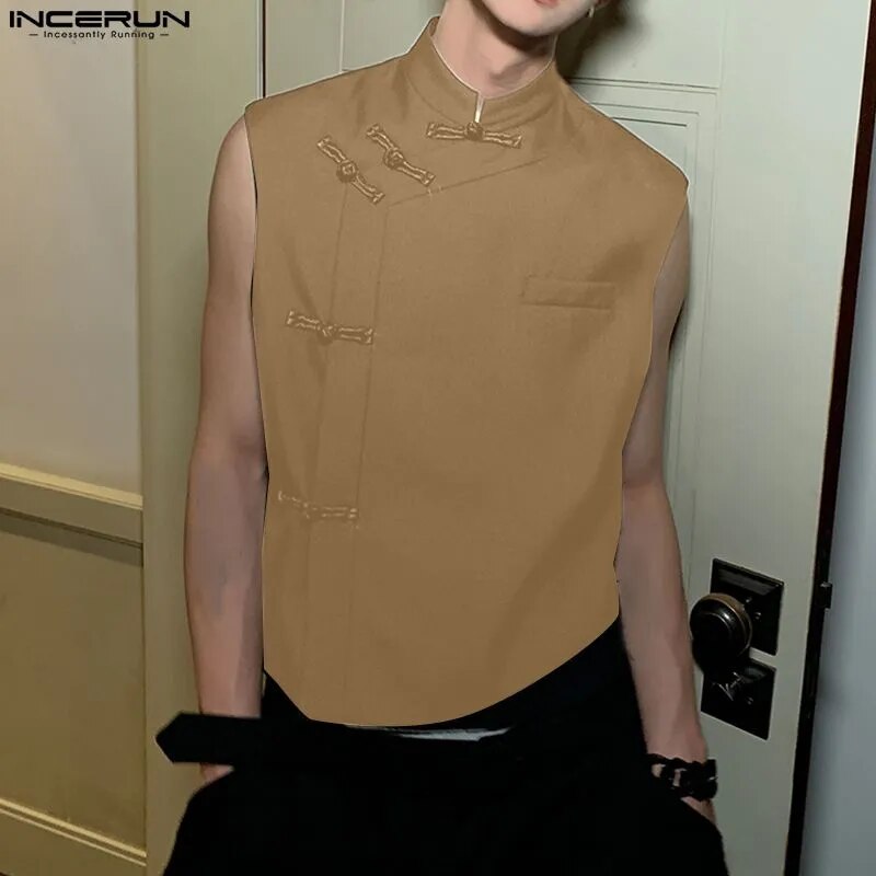 Men Shirt Solid Stand Collar Sleeveless Vintage Chinese Style Knot Button Men Clothing Summer Casual Vests S-5XL