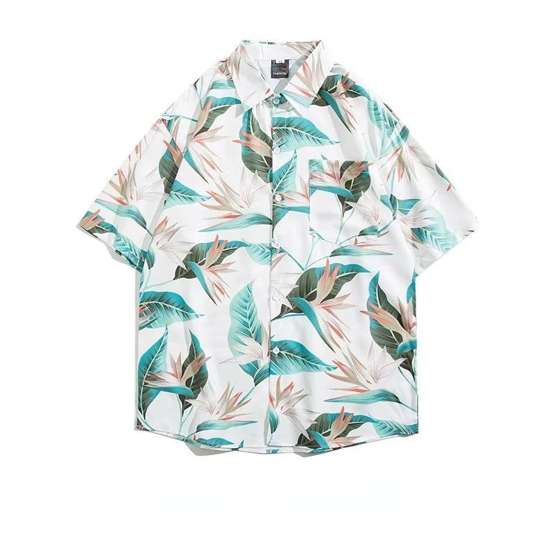 Couple Japanese Shirt Harajuku Oversized Short Sleeve Shirt for Men Women Hawaiian Print Flower Shirt Geometric Streetwear
