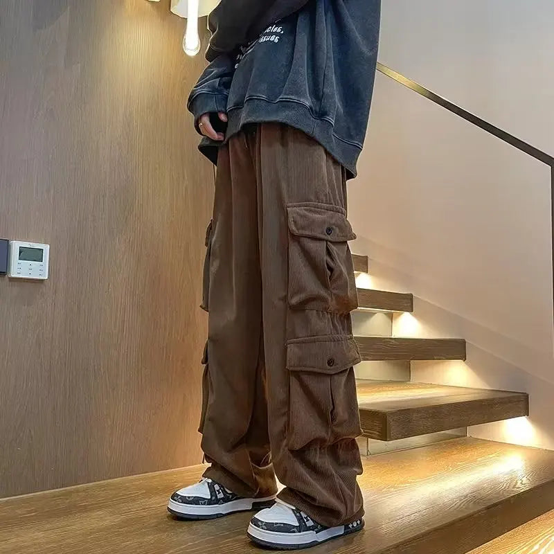 saferido Men's Casual Pants Loose Straight Corduroy Pants Elastic Waist Sweatpants Fashion Streetwear Spring Men Sports Jogger Trousers