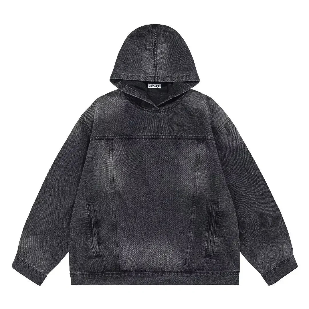 Japanese Denim Hooded Jacket Men Women Loose Casual Vintage Sweatshirt Coat High Street Washed Denim Pullover Varsity Autumn
