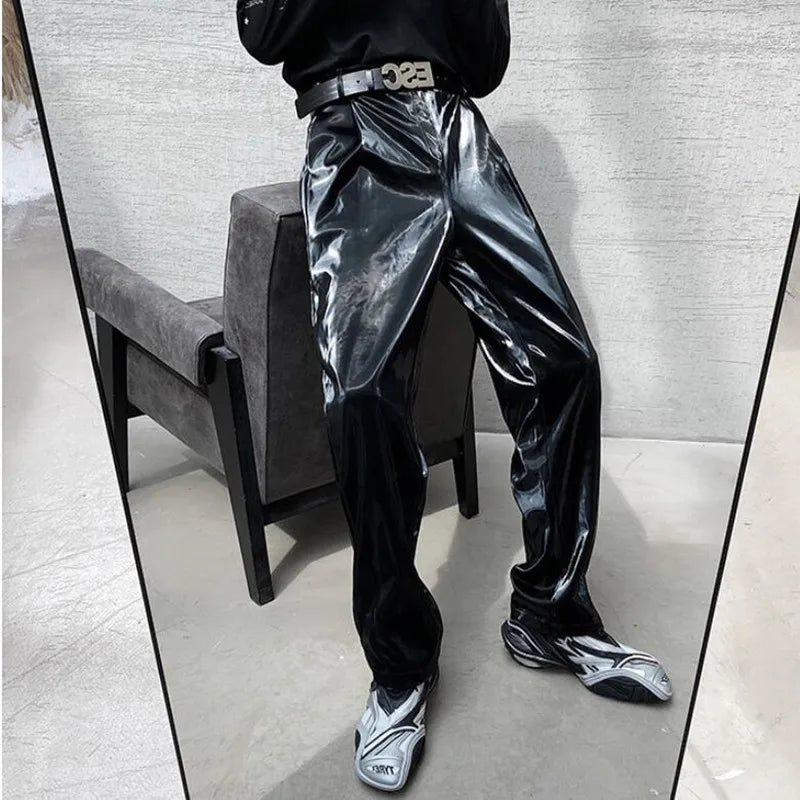 saferido British Style Net Trend Personality Streetwear Bright PU Leather Trousers Side Tight Waist Loose Casual Pants Men's S-2XL