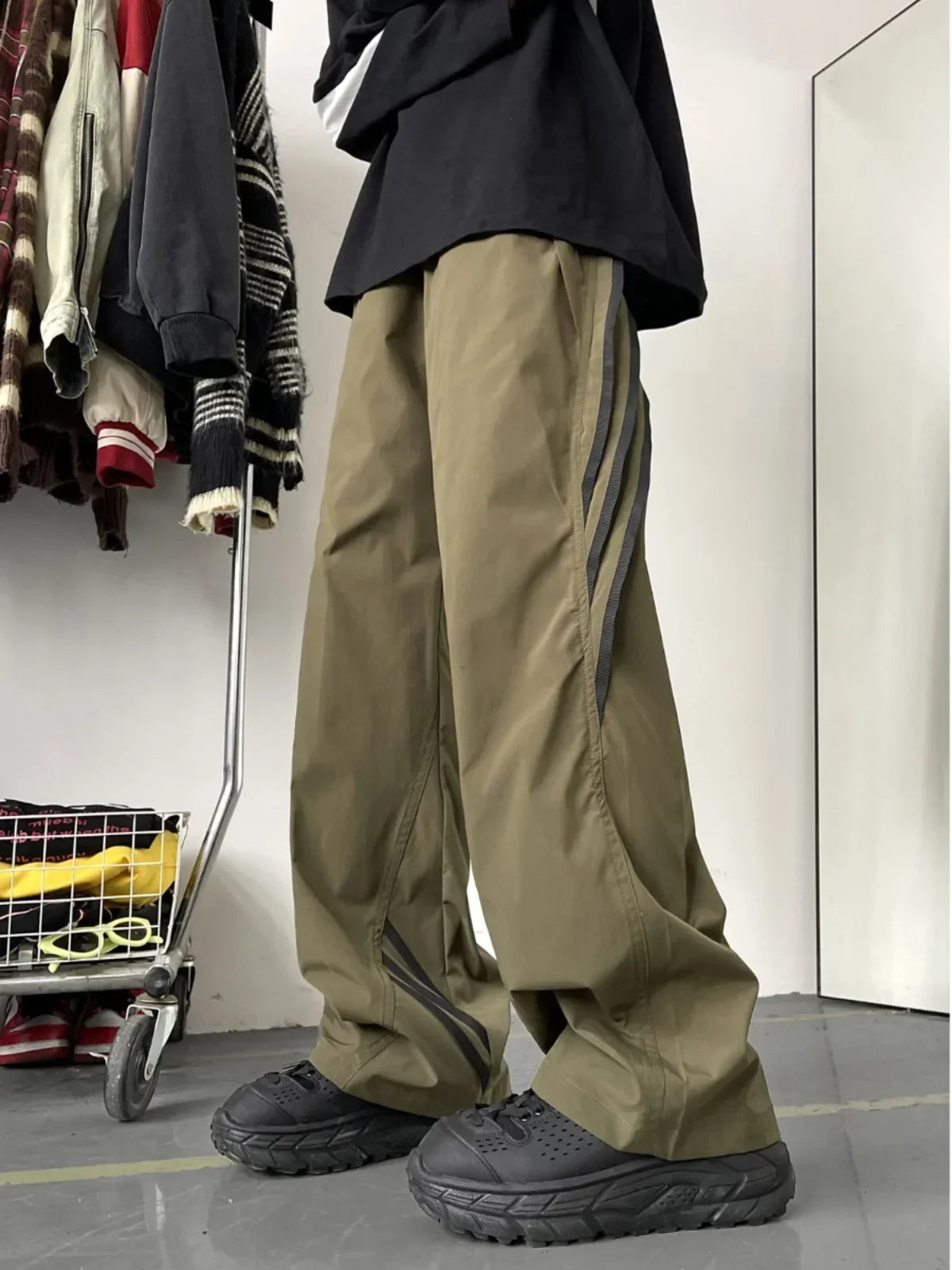 saferido American Style Stripe Zippered Trousers For Men Hip Hop Waterproof Outdoor Straight Leg Sweatpants Casual Loose Fit Pants