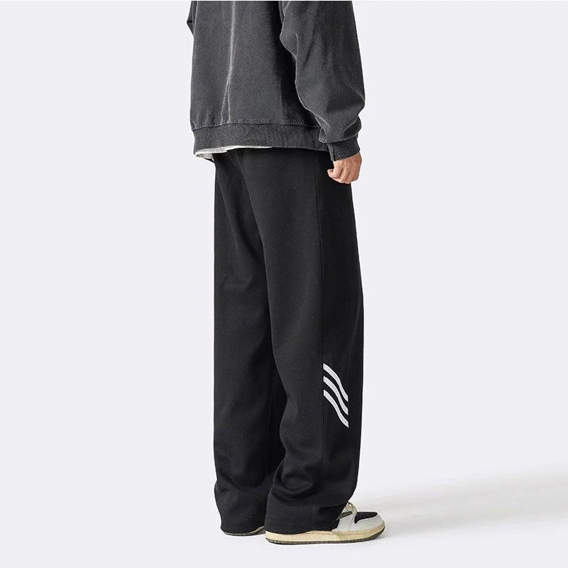 saferido American Trendy Vintage Summer Loose Sports Wide Leg Pants Men Pocket Striped Elastic Wait Drawstring Casual Straight Trousers