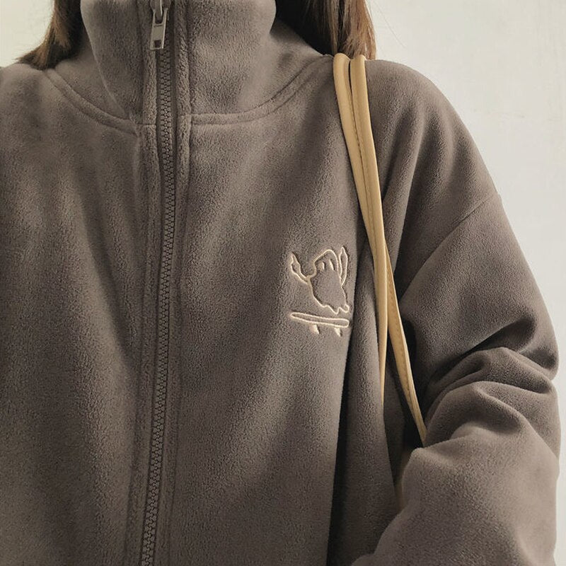 Dark college winter Japanese streetwear women coat Harajuku outwear casual long-sleeved zip up Ulzzang hooded coat