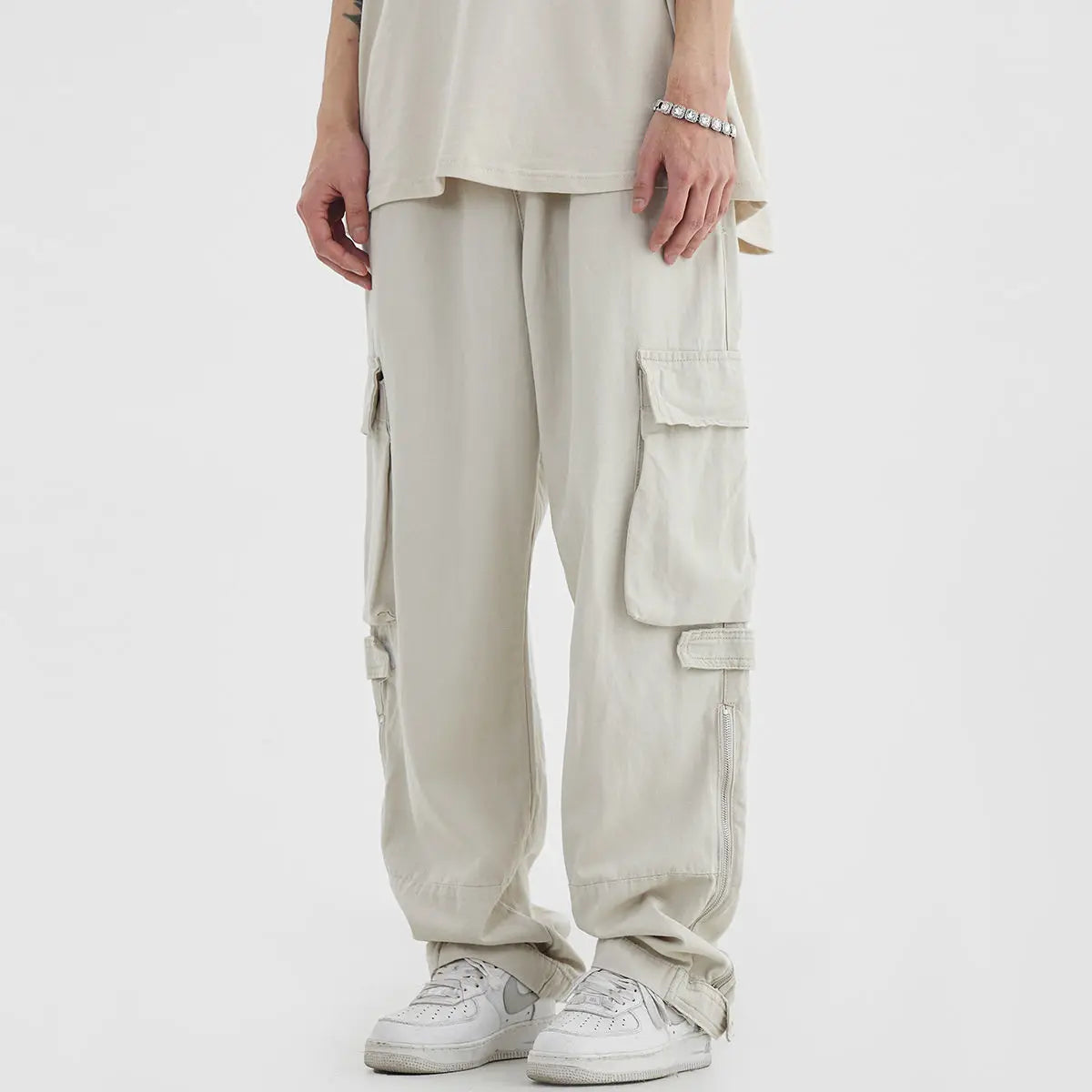 saferido Black Cargo Pants for Men Hip Hop White Cargo Trousers Male Vintage Japanese Streetwear Casual Safari Style Pocket Zip