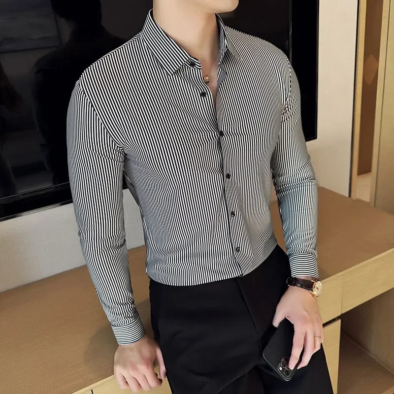 High Elasticity Men Stripe Shirt Spring British Style Anti-wrinkle High-EndSoft Solid Casual Slim Fit Long Sleeved Shirt