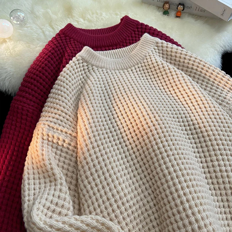 saferido Korean Solid Color Baggy Sweater Men's Knitting Pullovers Crew Neck Pullover Women Harajuku Knitwear Christmas Red Knitted