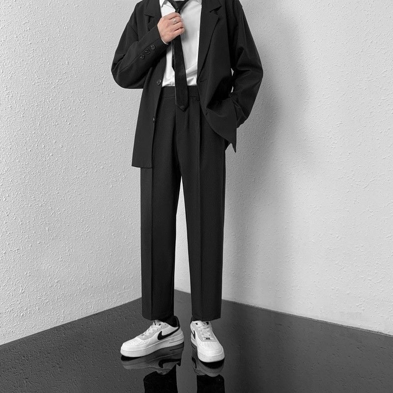 Solid Color Straight Mens Pants Casual Fashion Black Suit Trousers For Male Korean Style Cropped Pants