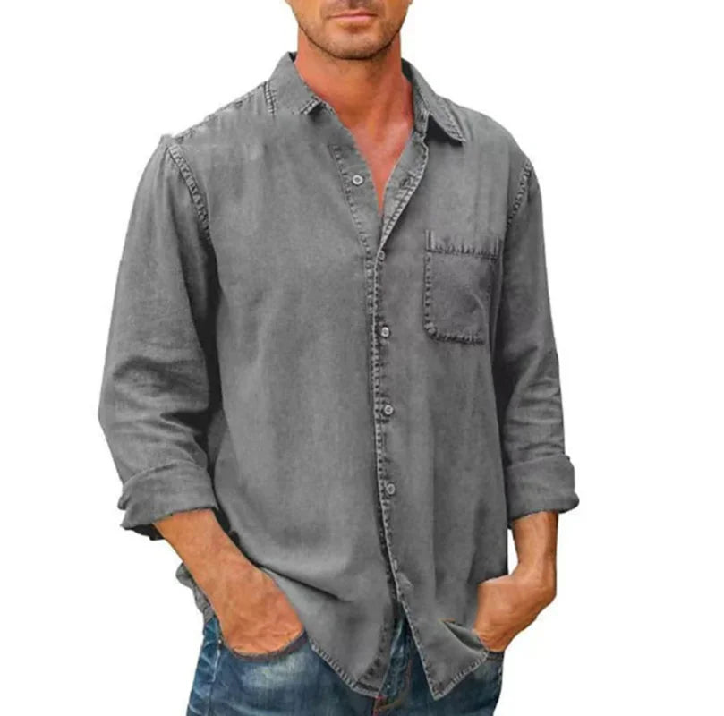 saferido Spring Autumn New Mens Denim Long Sleeve Button Down Pocket Shirt Retro Work Male Slim Fit Solid Color Casual Fashion Tops