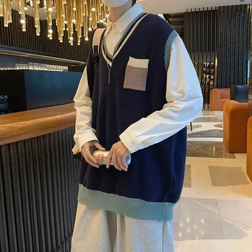 saferido Male Print Contrast Color Vest Sweater Autumn Winter V Neck Men Preppy Style Harajuku Fashion Casual Oversize Knitted V47