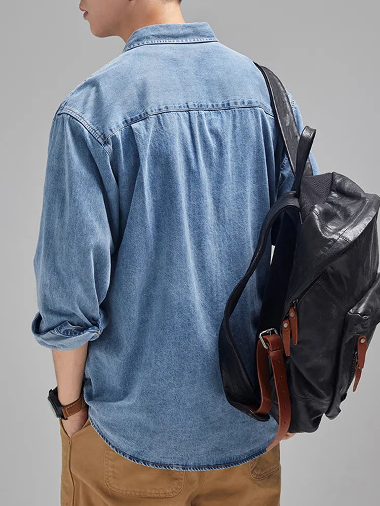 Autumn New Denim Shirt Men Classic Casual Chest Pockets Soft Cotton Long Sleeve Cowboy Loose Blue Jeans Shirts