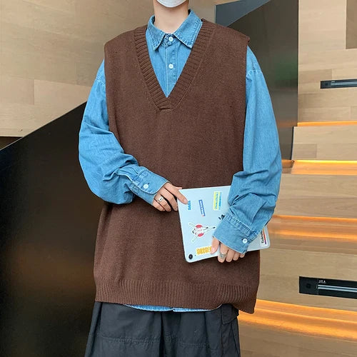 saferido Sweater Vest Men V-neck Solid Leisure Loose All-match Streetwear Sleeveless Sweaters Mens Knitted Korean Style Waistcoat
