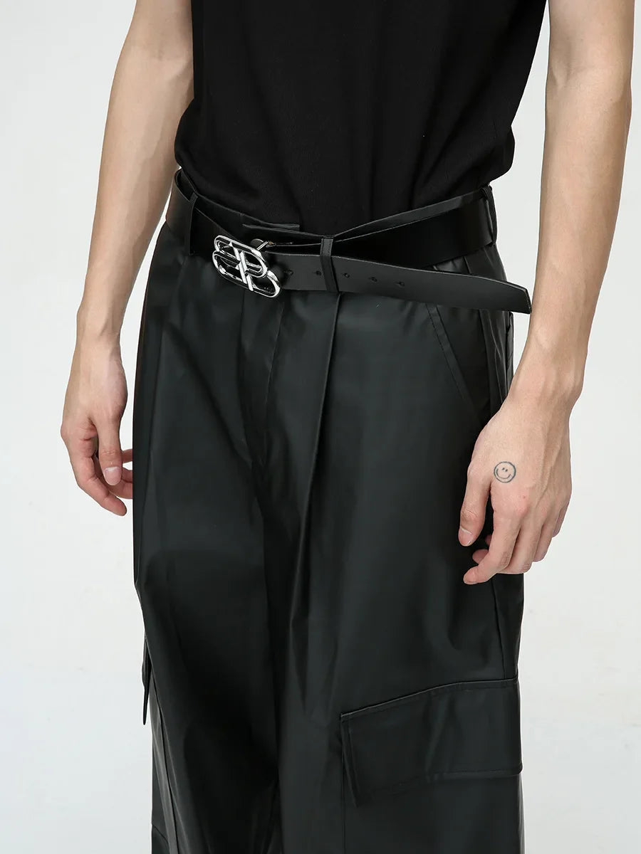 saferido Autumn American style pleated design drape floor mopping niche casual PU leather pants men's trendy pants pantalon homme cuir