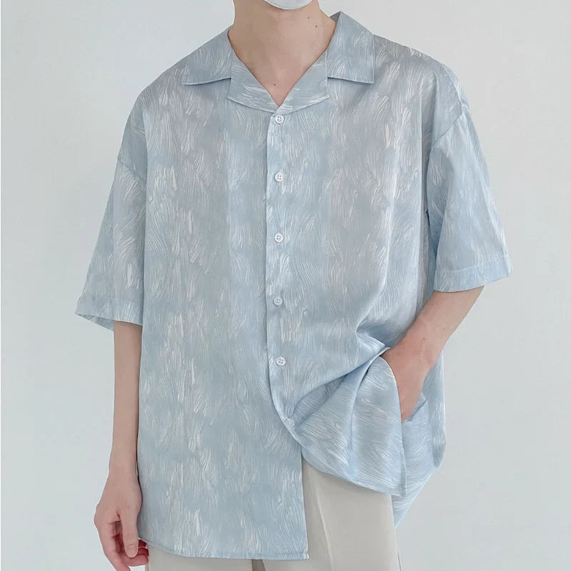 England Style Drape Ice Silk Shirts for Men Short Sleeve Summer Thin Print Loose Harajuku Casual Vintage Shirt Korean Fashion