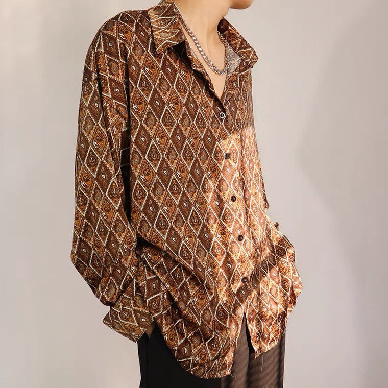 Men's Korean Vintage Floral Print Shirt Long Sleeve Button Loose Casual Hawaii Flower Shirt Snake Print Fashion Shirt for Men