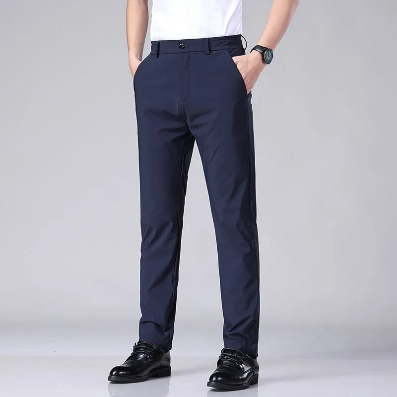 Summer Casual Pants Men Thin Business Stretch Slim Elastic Waist Jogger Korean Classic Thin Black Gray Blue Trousers Male
