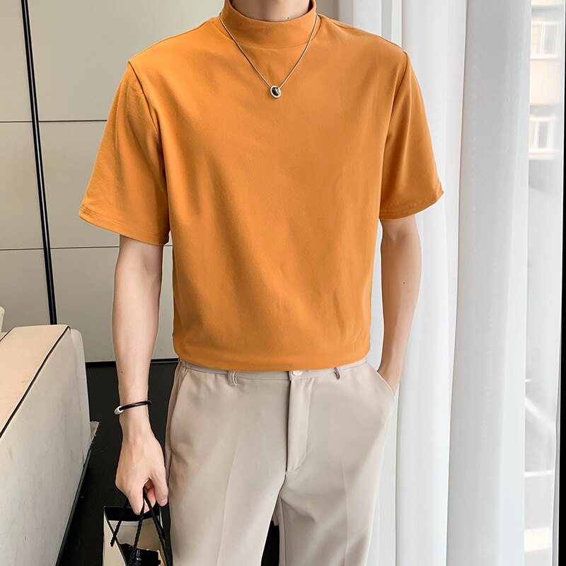 7Colors Solid Turtleneck Short Sleeve T-Shirts For Men Clothing Simple All Match Comfortable Casual Tee Shirt Homme Sale