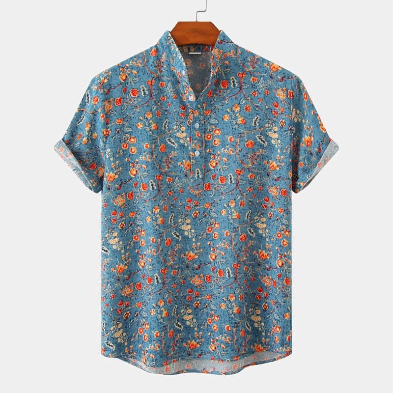 Summer New Short Sleeve Floral Hawaiian Shirt Men Half Placket Collar Beach Shirt Men Casual Holiday Vacation Clothing 3XL