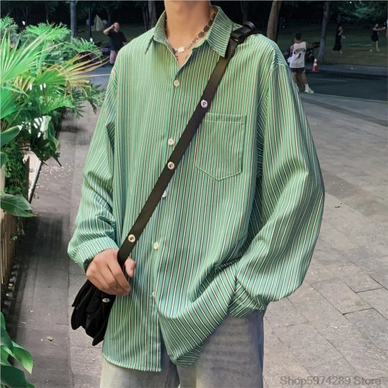 saferido Striped Loose Causal Long Sleeve Shirts Man Button Handsome Turn-down Collar Spring Autumn Office Men's Clothing Green