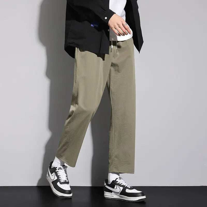 saferido Summer New Korean Trendy Loose Versatile Casual Straight Pants Men Solid Elastic Waist Drawstring Pocket Thin Wide Leg Trousers
