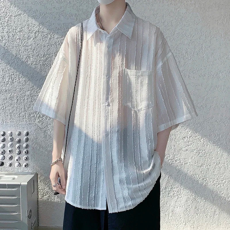saferido Spring Summer Men's Solid Shirts Short Sleeve Harajuku Style Cardigan Casual Blouses Male Plus Size Lapel Shirt