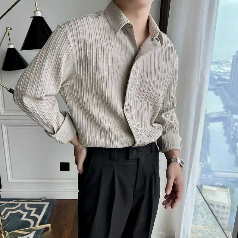 Autumn New Long Sleeve Shirt for Men Korean Fashion Designer Casual Solid Color Loose Simple Buttons Striped Shirt Men