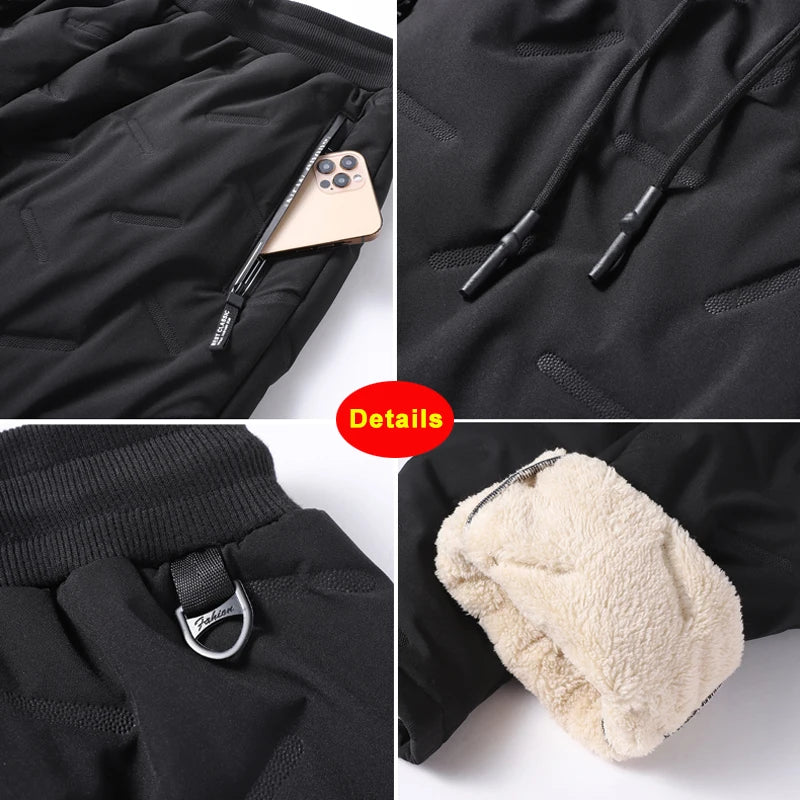 Winter Zip Pockets Thicken Fleece Men Warm Pants Trousers