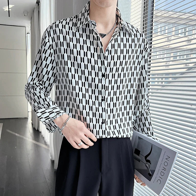 New Summer Men's Printed Shirts Oversized Clothing Casual Long Sleeve Striped Plaid Vintage Thin Draped Stretch Hawailan Blouses